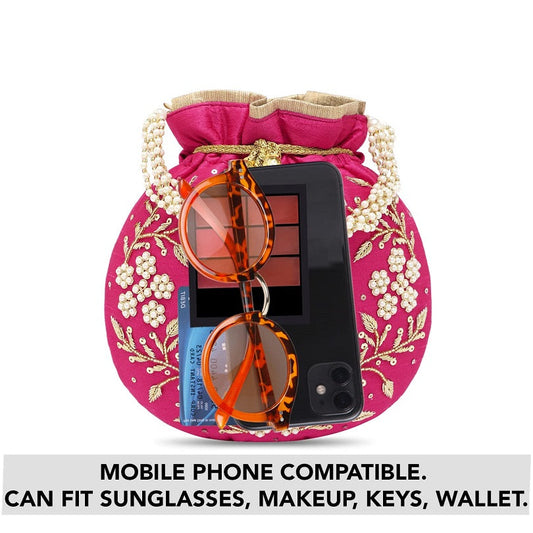 Rani Pink Embroidered Women Potli bag