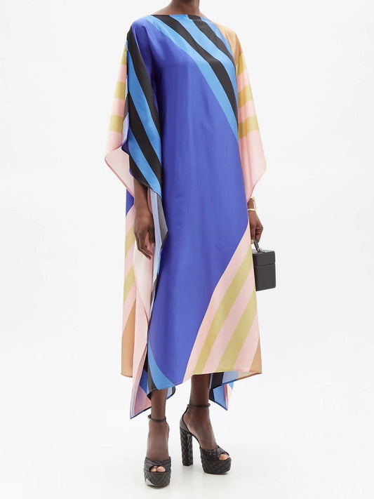 Striped Printed Lounge Wear Soft Satin Silk Kaftan J5651