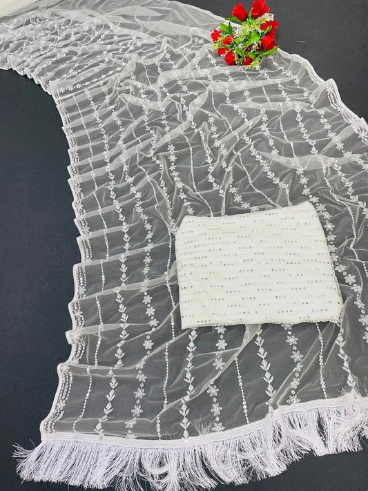 White Color Mono Net  Saree With Sequence Work Blouse
