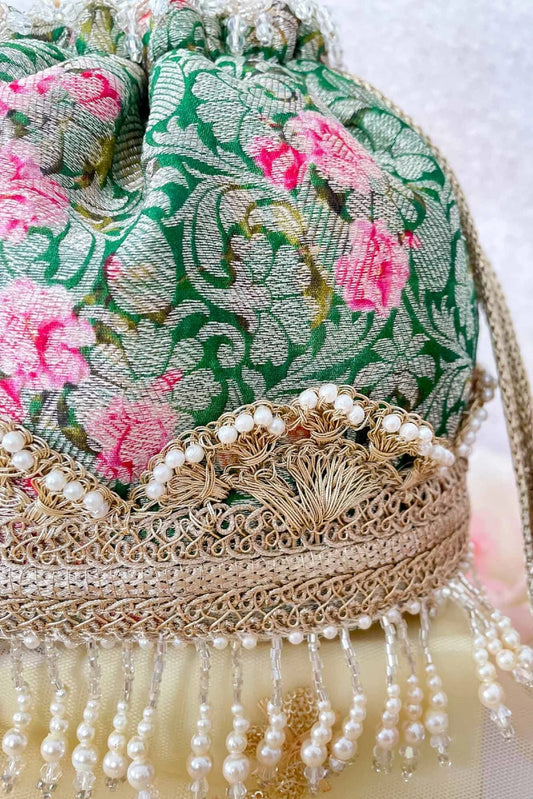 Green printed organza Potli bag