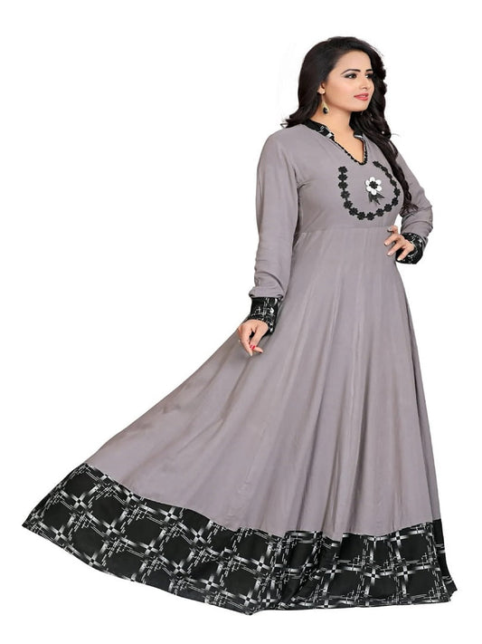 Grey Color Rayon Readymade Long Anarkali Kurti Gown Dress SV