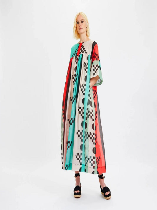 Geometric Multi Color Printed Casual Wear Poly Rayon Cotton Long Maxi Dress J5759