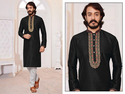 Men's Black Jacquard Silk Kurta Pajama Set 16-LL9