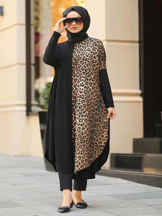 Casual Wear Organic Jersey Half Animal Printed Kaftan Abaya J5722