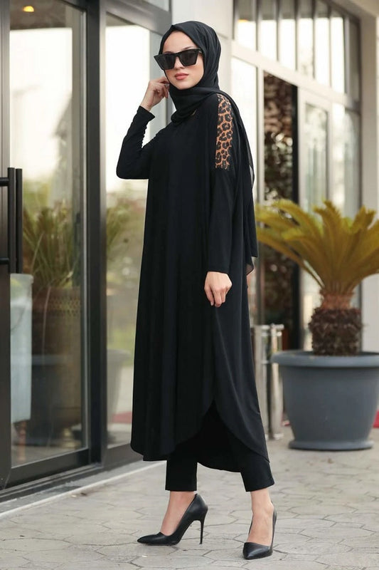 Jersey Women Casual Daily Wear Plain Black Flairs Tunic Abaya Dress J5728