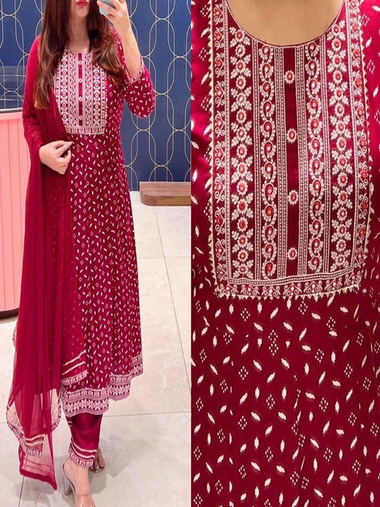 Embroidery Work Readymade Rayon Anarkali Kurti Pant with Chiffon Dupatta For Women 12-KN1