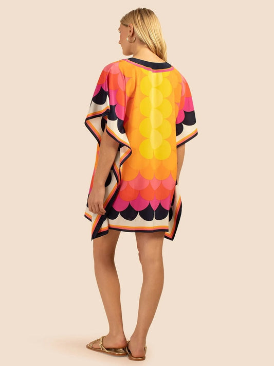 Stylish Beach Wear Colorful Circular Printed Women Silk Crepe Short Kaftan J5702