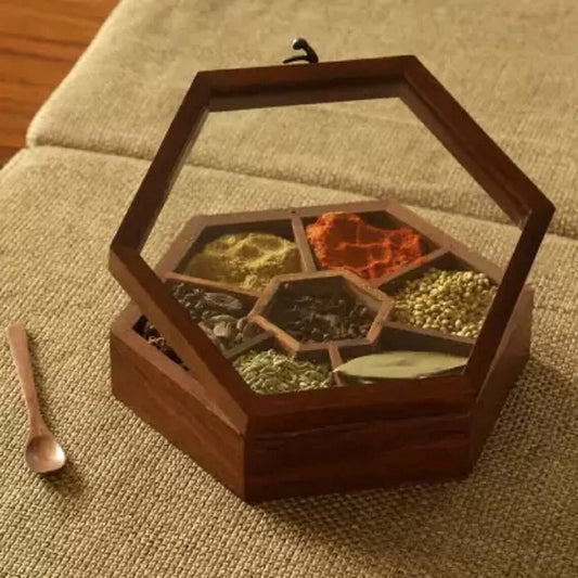 Hexagonal Spice Box With Spoon In Sheesham Wood (7 Partitions )