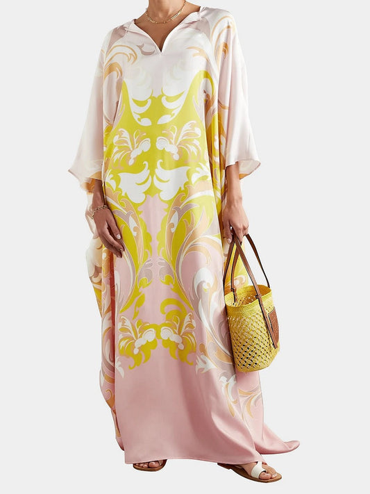 V Neck Style Printed Satin Silk Kaftan For Women J5623