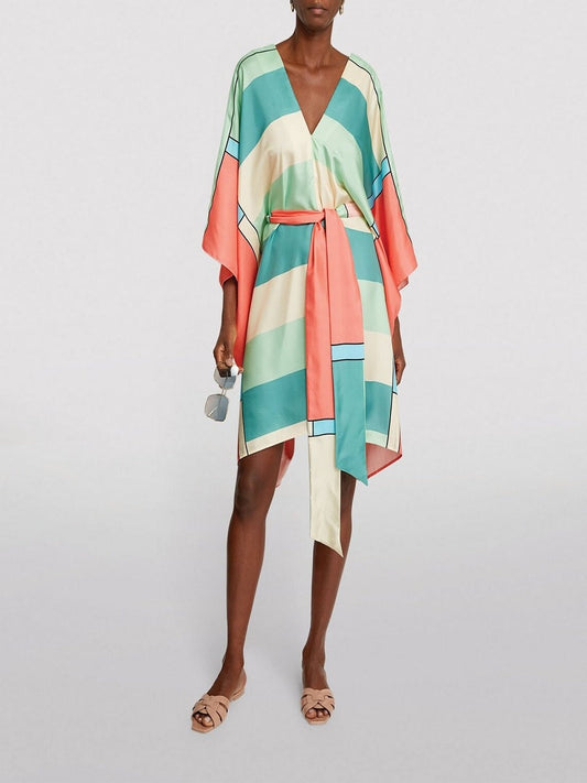 V-Neck Style Modern Soft Satin Silk Printed Belt Style Short Kaftan J5708