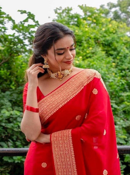 Red Soft Lichi Silk Saree And Blouse Wedding Wear Latest Sari Collection