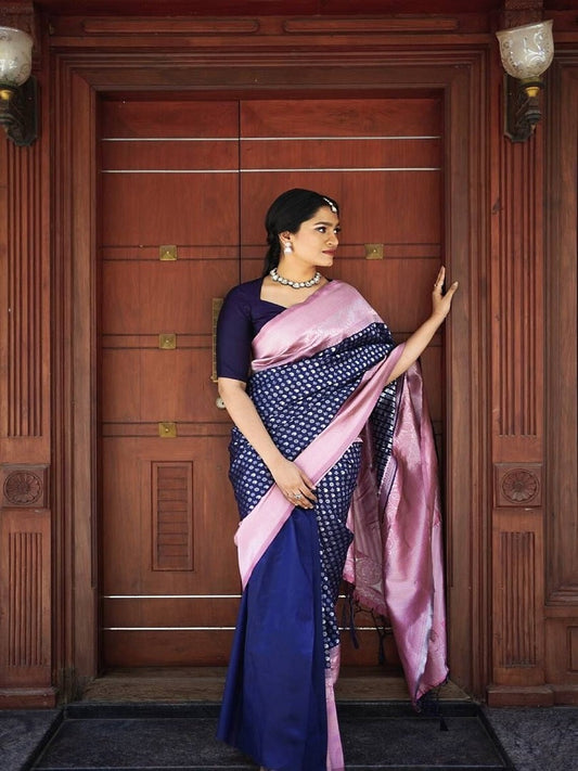 Navy Blue Color Soft Banarasi Silk Saree