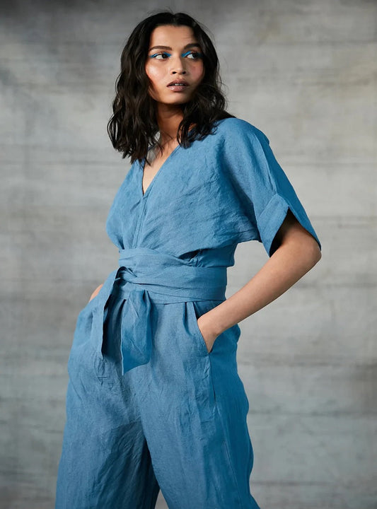 Cornflower Blue Linen Jumpsuit For Women