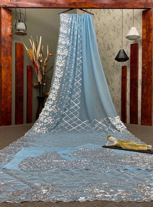 Sky Blue Georgette Sequence Embroidery With Cut Work Border Saree