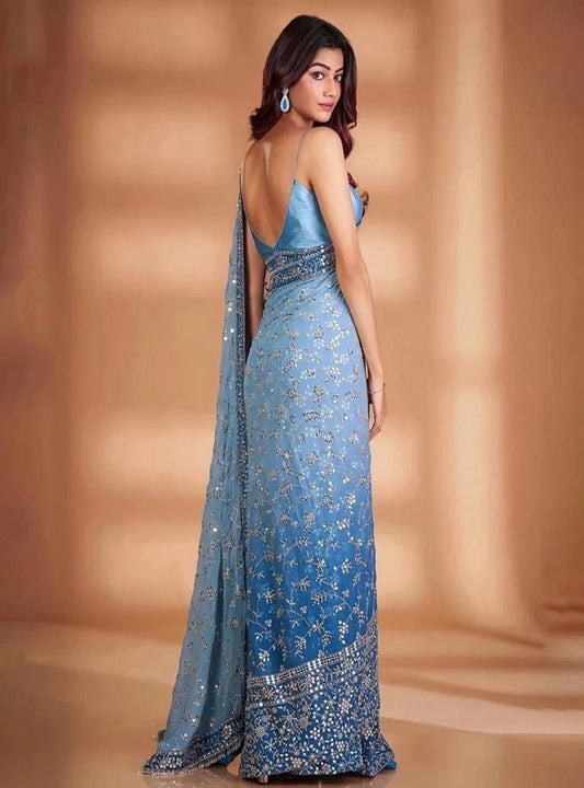 Sky Blue Soft Georgette Embroidery Sequence And Thread Work Saree