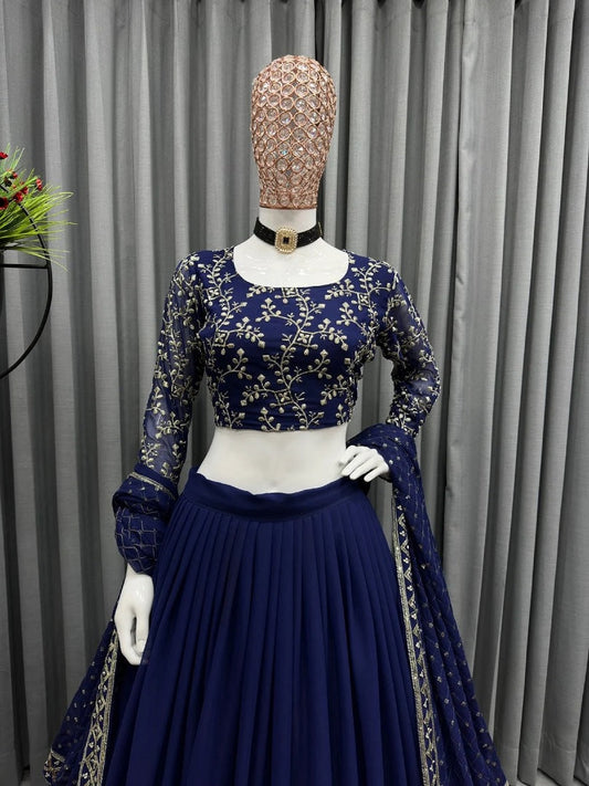 Navy Blue Georgette Lehenga Choli Embroidery Sequence Work Lengha Blouse Dupatta RTC