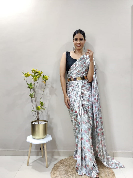 Imported Lycra Silk Ready To Wear Saree With Metal Belt