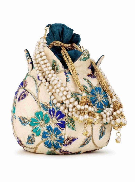 Lotus Cream and Turquoise Blue Floral Embroidered Faux Silk Potli