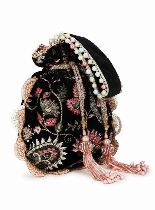 Black, Pink & Multi Velvet Floral Embroidered Potli bag