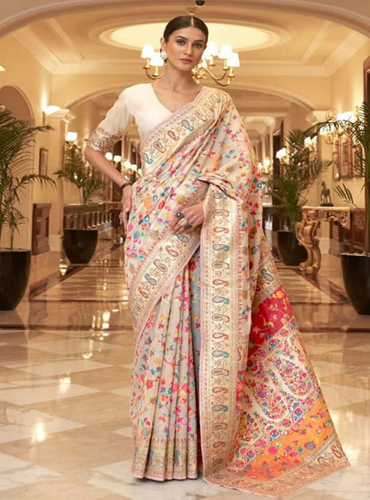 Multi Flower Design Kashmiri Silk Saree