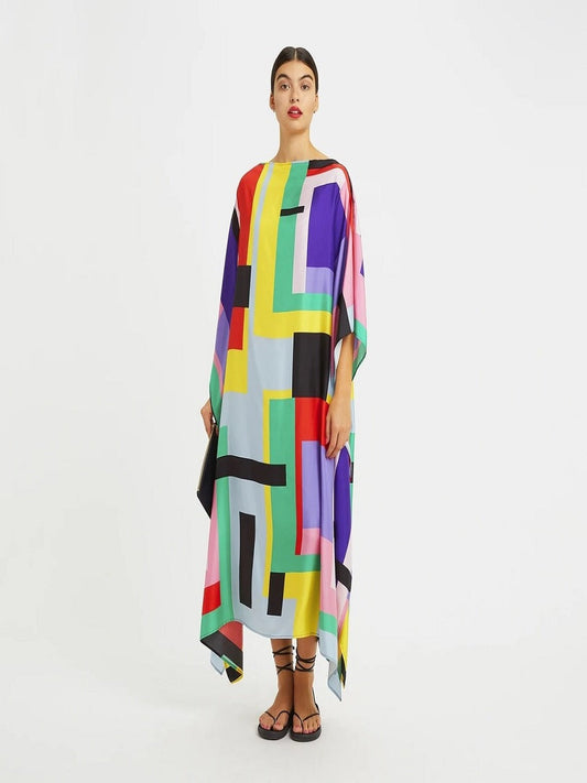 Multi Color Boat Neck Style Occasion Wear Printed Softy Silk Crepe Kaftan J5604