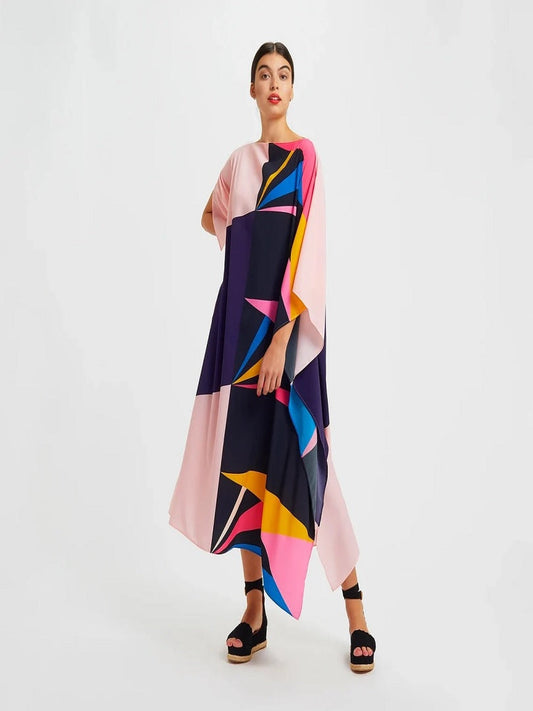 Multi Abstract Printed Silk Crepe Kaftan J5606