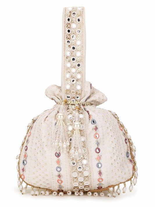 Off White, Gold & Multi Mirror Work Embellished Faux Silk Potli
