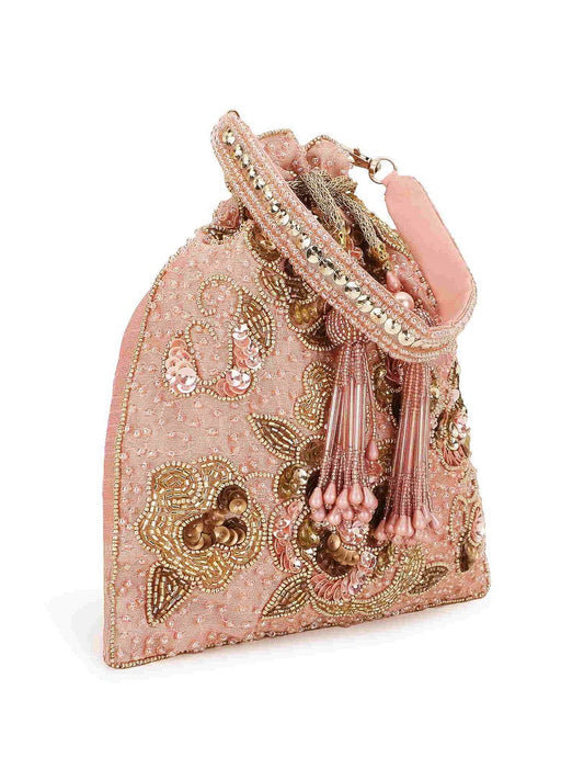 Dusky Pink and Gold Floral Embellished Faux Silk Potli bag
