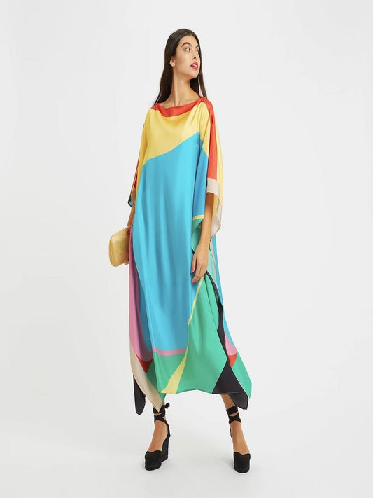 Rainbow Sky Silk Crepe Kaftan Dress Caftan Top J5616