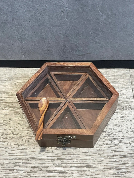 Teak Hexagon Wooden Spice Box - Kitchen Masala Box - Wooden Spice Storage Box - Dry Fruit Box