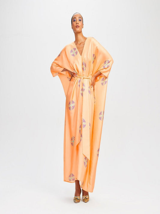 Peach Color V-Neck Belt Style Women Satin Silk Printed Kaftan J5632