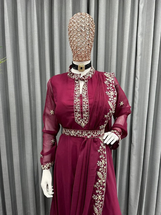 Plum Color Georgette Anarkali Suit Thred Sequence Work Long Gown With Belt And Dupatta Dress KY
