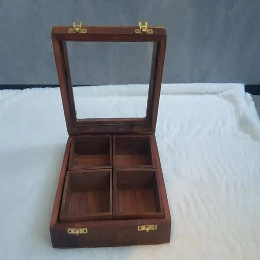 Decorative Teak Wooden Spices Box Massala Box With Mirror Lid & Lock Square Namak Dani