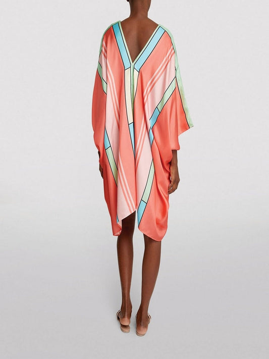 V-Neck Style Modern Soft Satin Silk Printed Belt Style Short Kaftan J5708