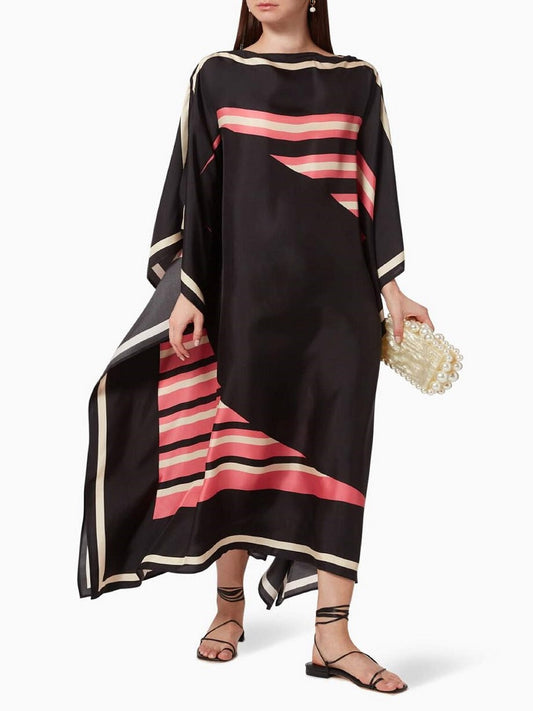 Women Digital Printed Striped Pattern Silk Crepe Kaftan (Free Size, Black) J5574