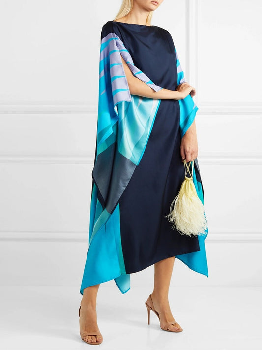 Sky Wings Silk Crepe Kaftan Dress, Boho Caftan J5613