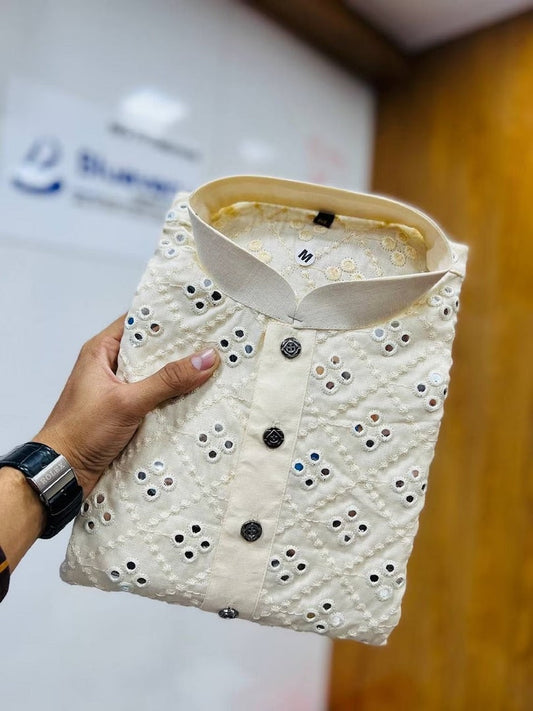 Men Cream Soft Cotton Kurta And Pajama Set KN