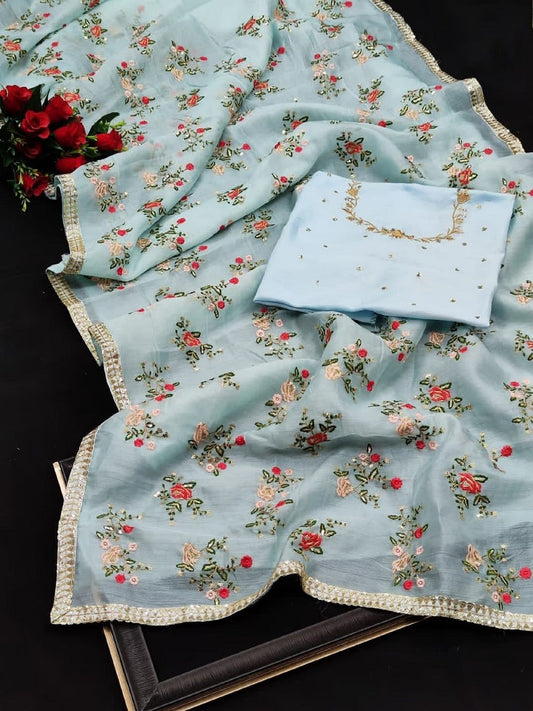 Sky Blue Color Khadi Organza With Floral And Sequence Work Saree