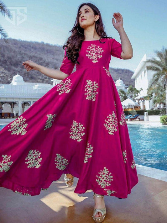 Women's Rayon Cotton Foil Print Casual Wear Kurti Gown 13-GT1