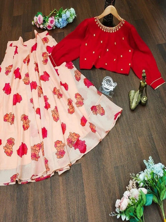 Women's Printed Georgette Full Sleeve Readymade Traditional Relaxed Crop Top Lehenga Choli KY