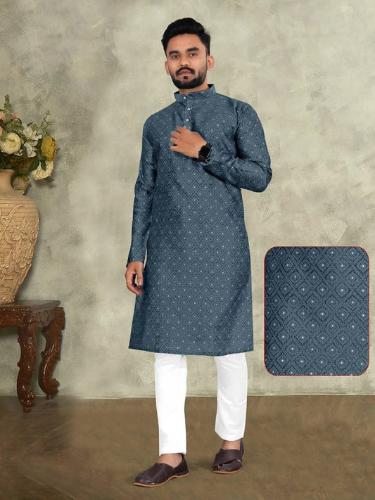 Men Grey Silk Jacquard Kurta With Cotton Pyjama Set Readymade Kurtas 16-SS11