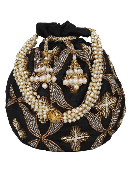 Embellished Faux Silk Potli Bag Black & Copper