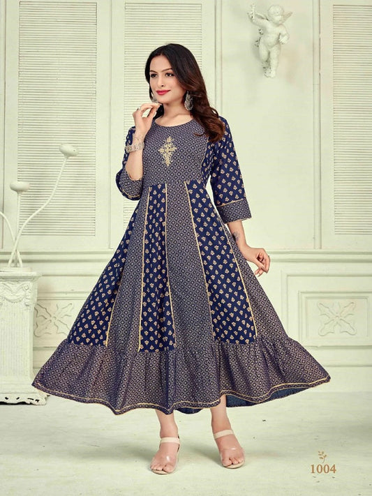 Latest Designer Party Wear 14Kg Rayon Foil Print Flair Gown 13-SR8