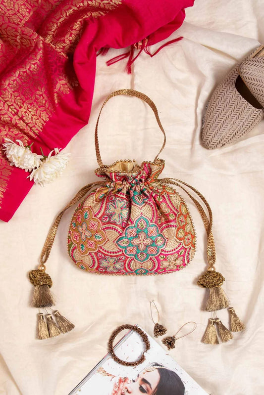 Traditional Embroidered silk Potli, Women Handbag Potli bag