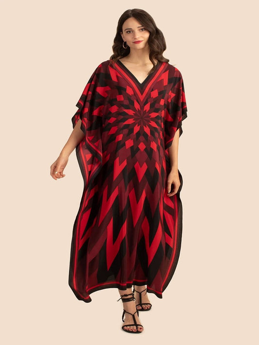 V Neck Printed Lounge Wear Soft Silk Crepe Kaftan J5765