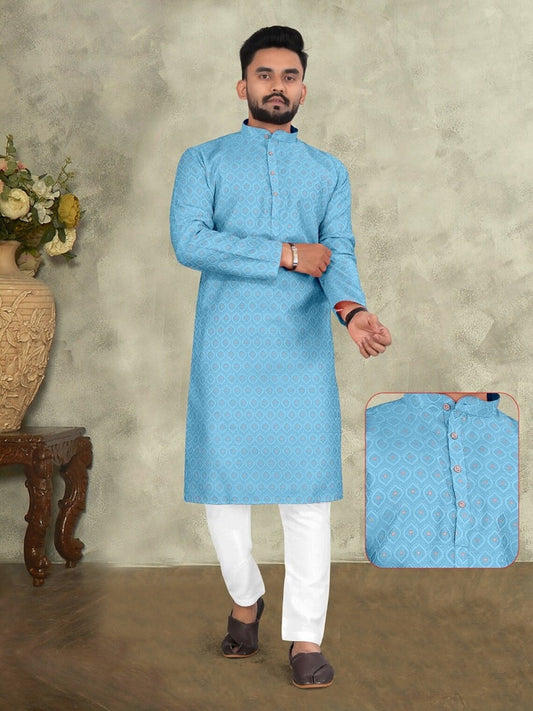 Sky Blue Jacquard Kurta With Payjama Suit Designer Wedding Kurtas 16-SS11