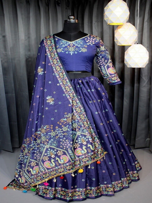 Printed Semi Stitched Chinon Silk Lehenga Choli For Women PC