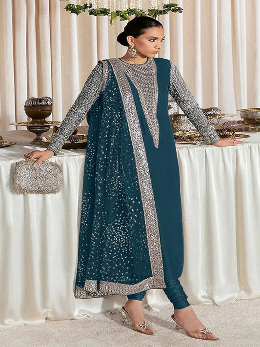 Faux Georgette Embroidery Sequence Work Salwar Kameez Dupatta