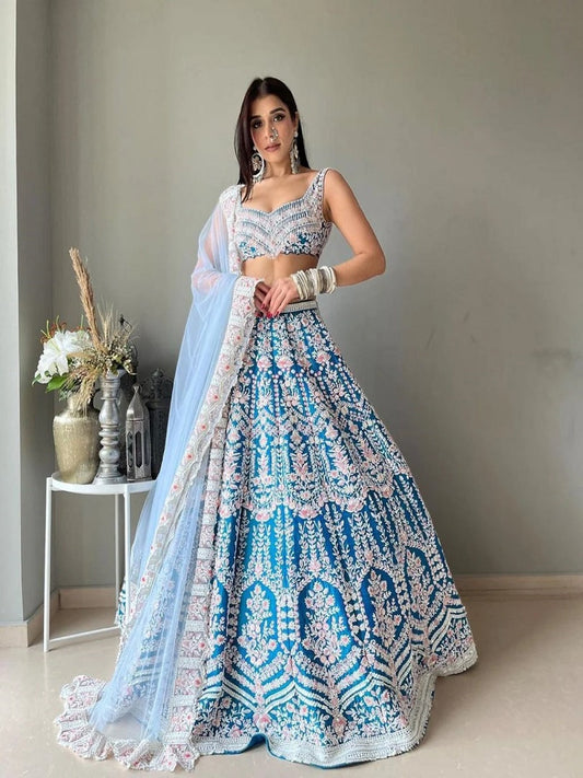 Sky Blue Color Bridal Wear Dress Silk Cording Work Lehenga Designer Chaniya Choli LG