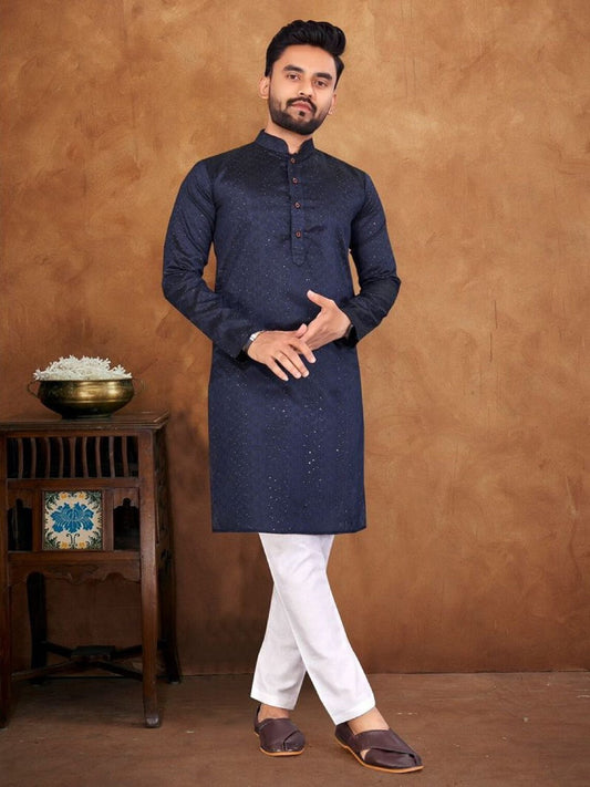 Men's Solid Straight Jacquard Silk Kurta Cotton Pyjama Set Kurta for Men
